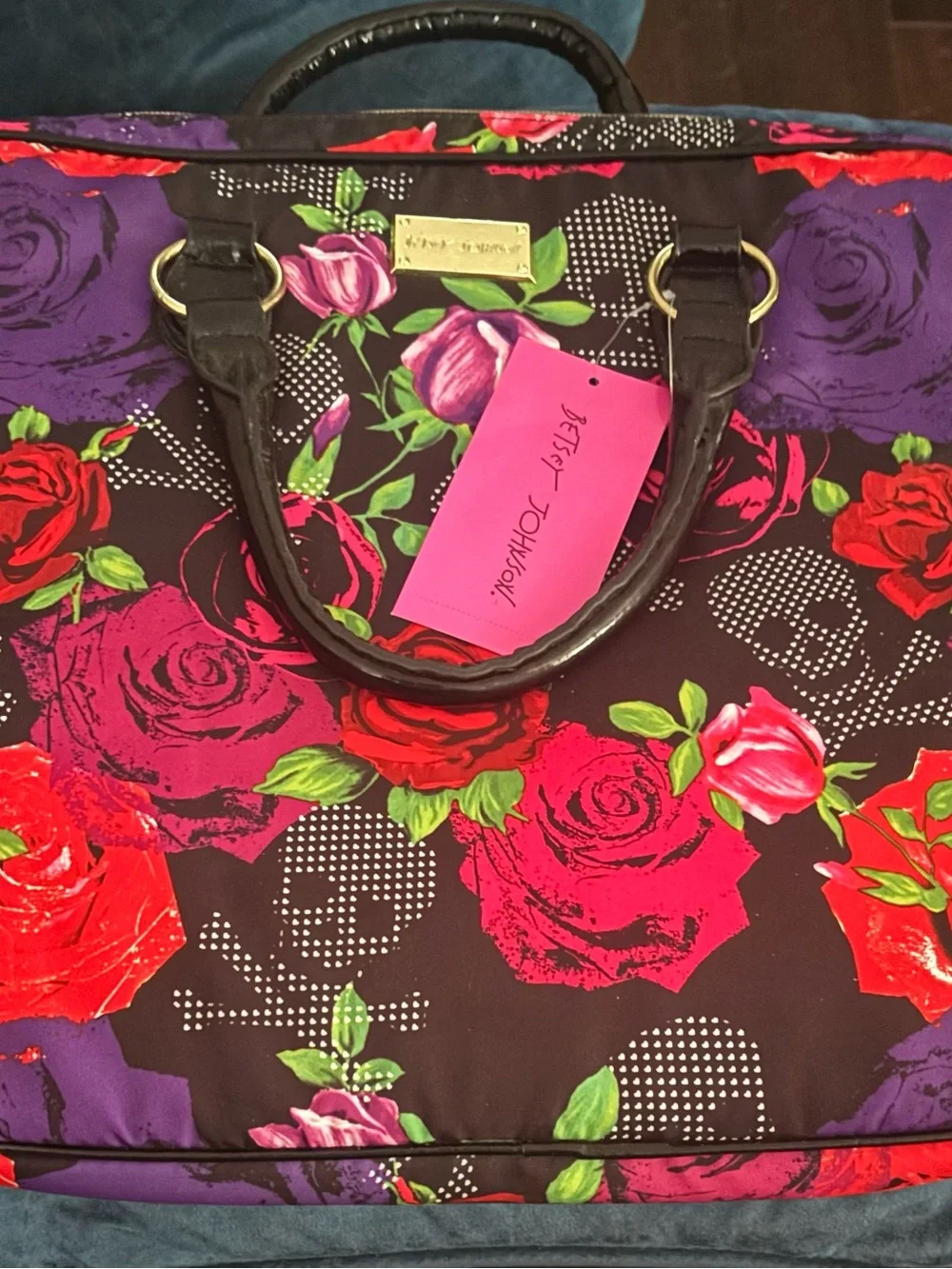 🌹NEW BETSY JOHNSON Floral Rose Travel Tote Bag OR computer bag-Bold Red & Purple